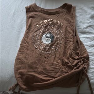 Brown Asymmetrical Tie Front Muscle Tee